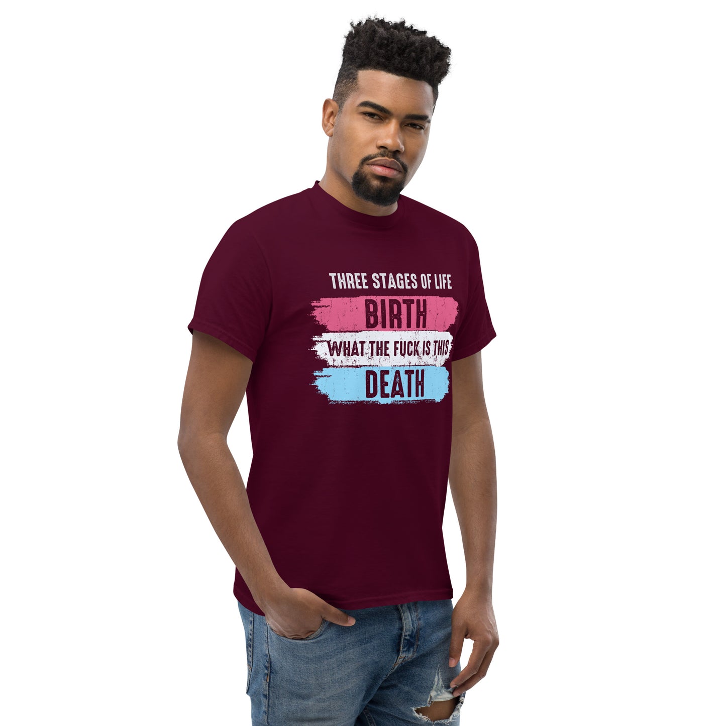 Three Stages Of Life, Birth, What The Fuck Is This, Death, Funny T-Shirt, Irreverent Shirt, Ironic T Shirt, Sarcastic Tee-Shirt, Witty Shirt