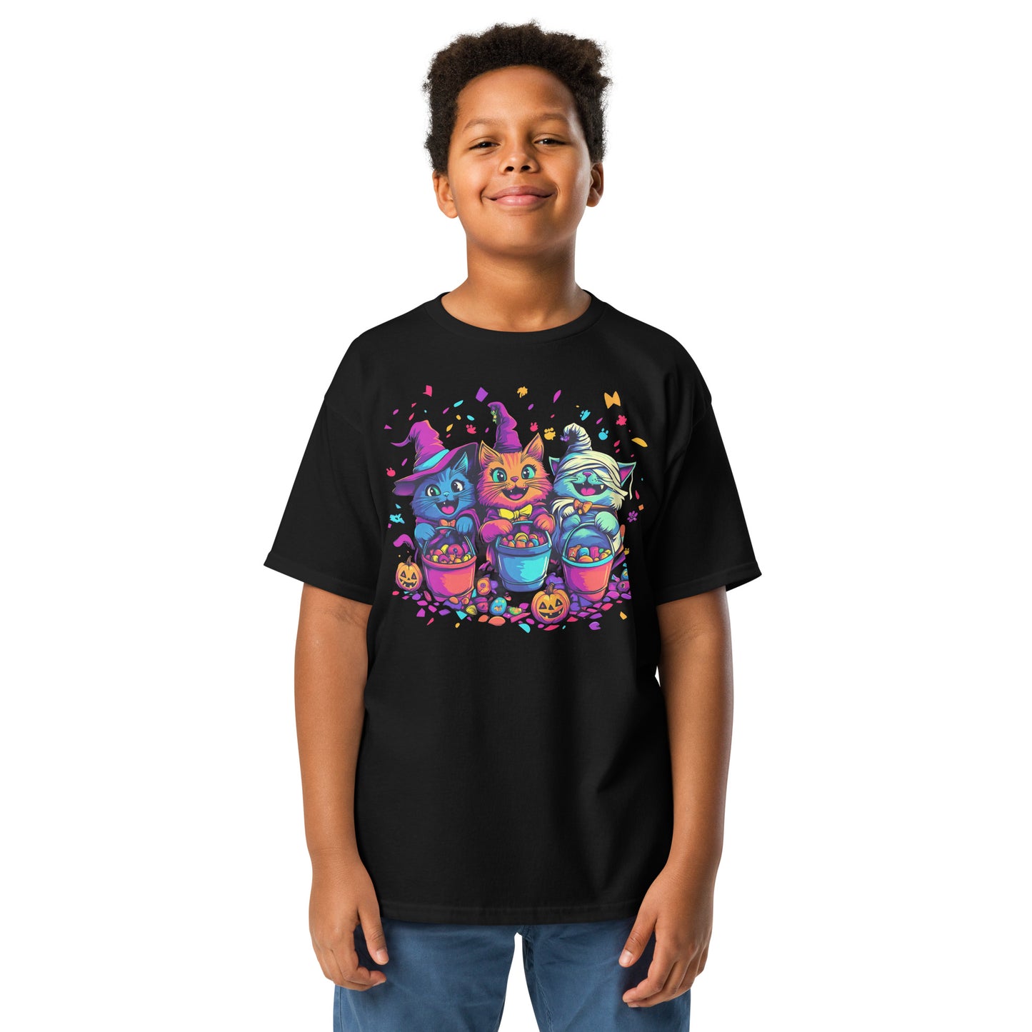 Spooky Cat Trick-or-Treaters, Cute Halloween Cat Youth T-Shirt, Kitten T Shirt, Cats Trick or Treating, Kittens Laughing, Kids T-Shirt, Funny Halloween T-Shirt, Halloween Tee