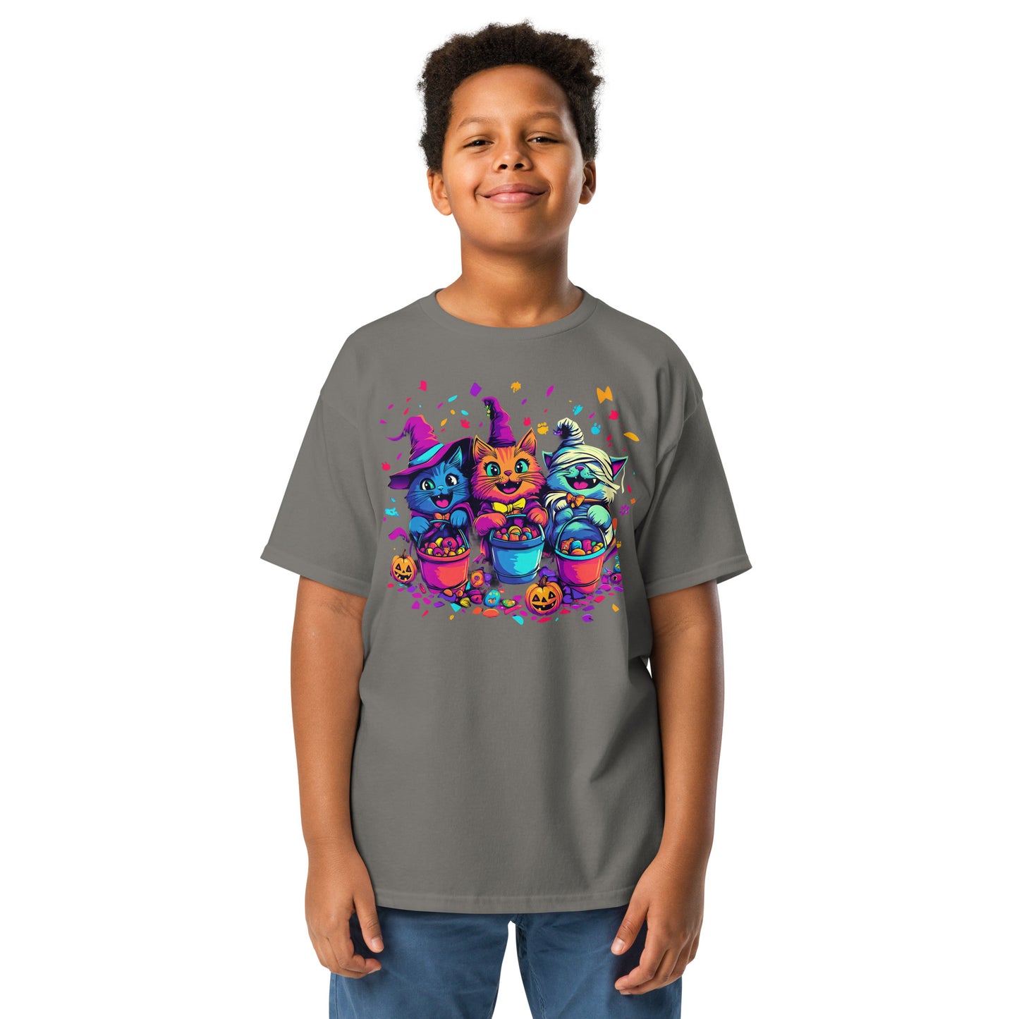 Spooky Cat Trick-or-Treaters, Cute Halloween Cat Youth T-Shirt, Kitten T Shirt, Cats Trick or Treating, Kittens Laughing, Kids T-Shirt, Funny Halloween T-Shirt, Halloween Tee