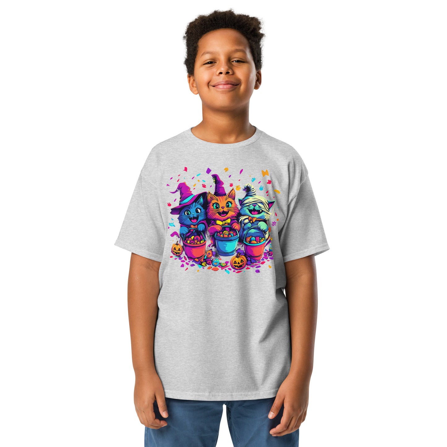 Spooky Cat Trick-or-Treaters, Cute Halloween Cat Youth T-Shirt, Kitten T Shirt, Cats Trick or Treating, Kittens Laughing, Kids T-Shirt, Funny Halloween T-Shirt, Halloween Tee