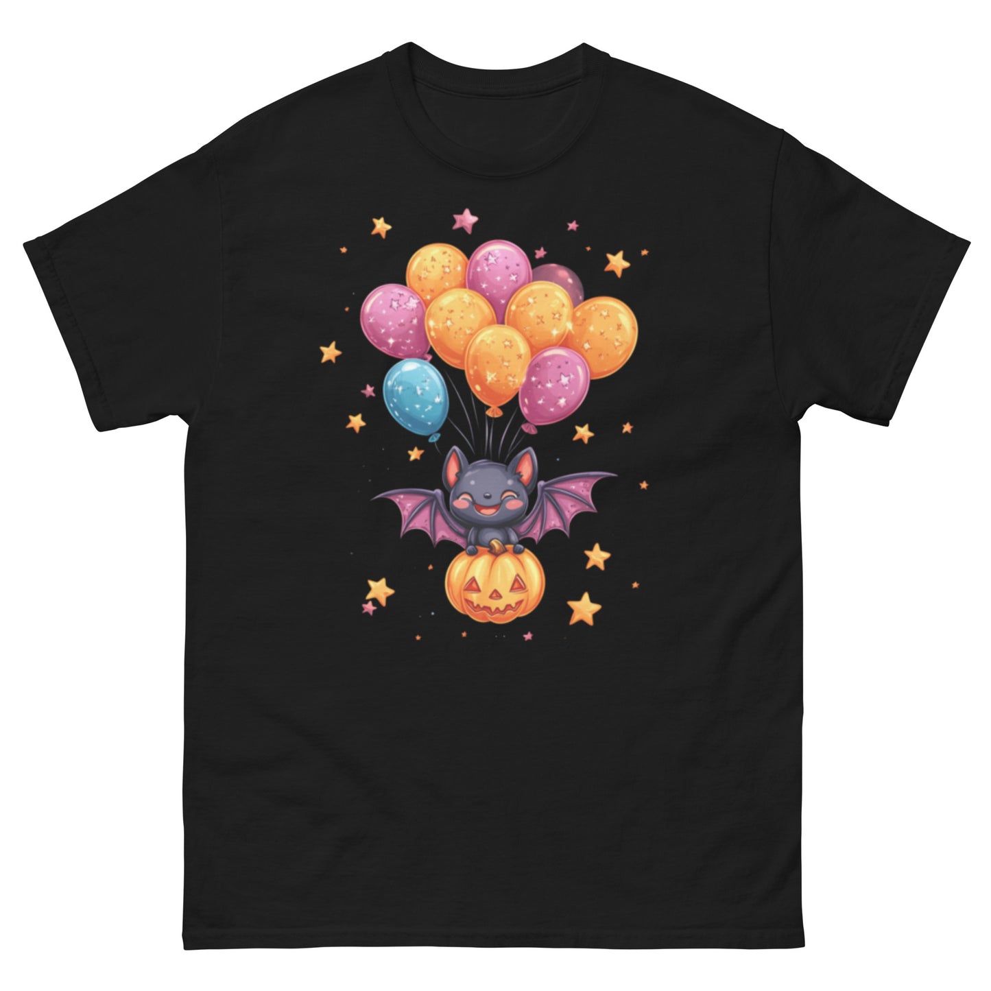 Cute Bat with Pumpkin and Balloons T-Shirt - Funny Halloween T-Shirt, Witty Shirt, Halloween Tee