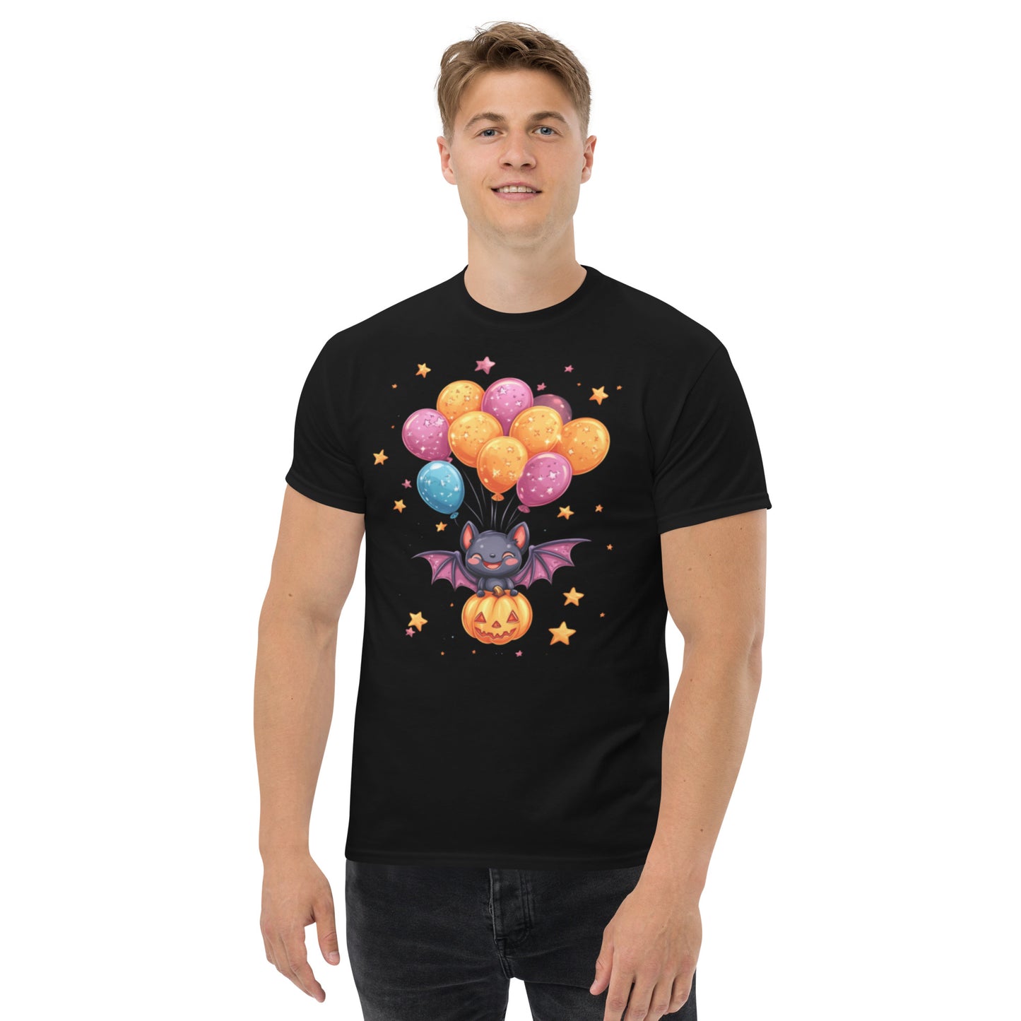 Cute Bat with Pumpkin and Balloons T-Shirt - Funny Halloween T-Shirt, Witty Shirt, Halloween Tee