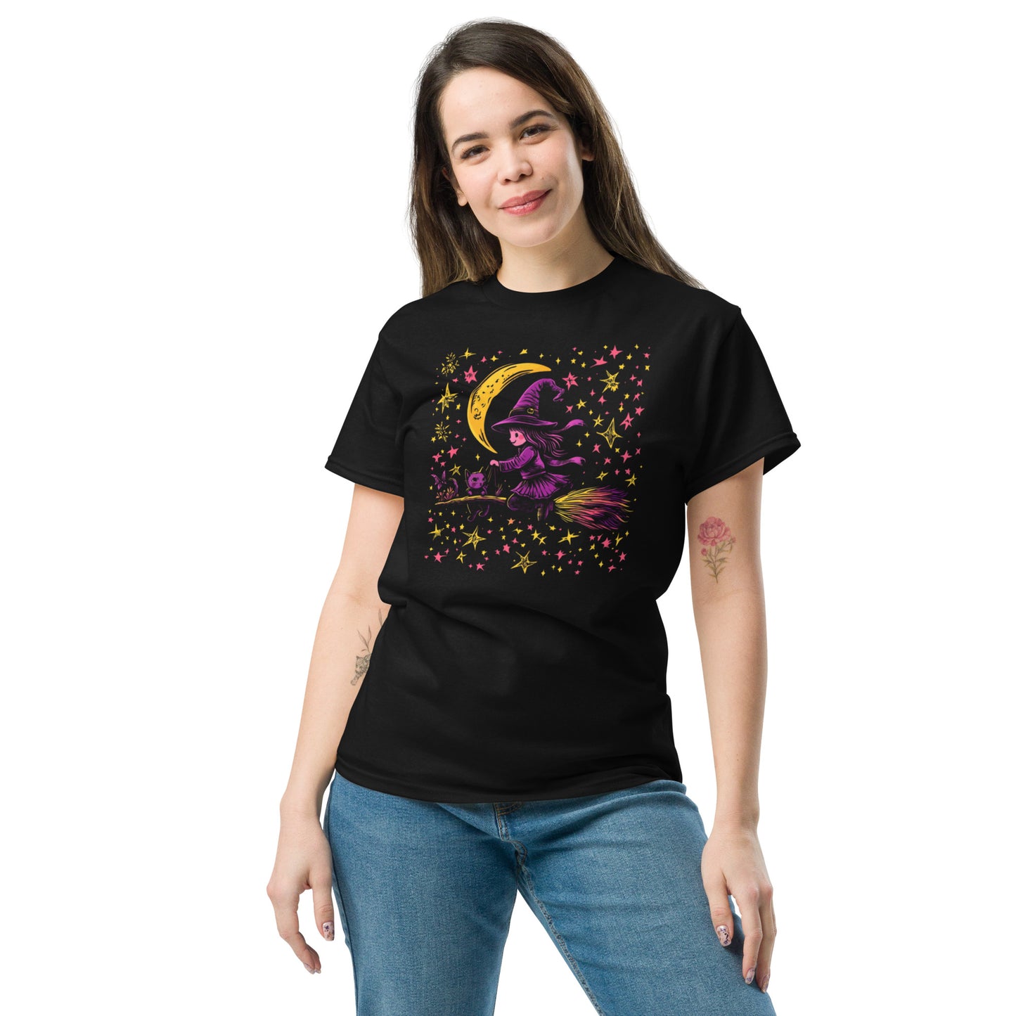 Witchy Cat Night Ride, Cute Witch and Cat on Broomstick T-Shirt - Halloween T Shirt, Halloween Tee