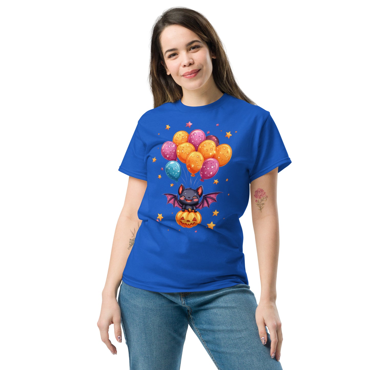 Cute Bat with Pumpkin and Balloons T-Shirt - Funny Halloween T-Shirt, Witty Shirt, Halloween Tee