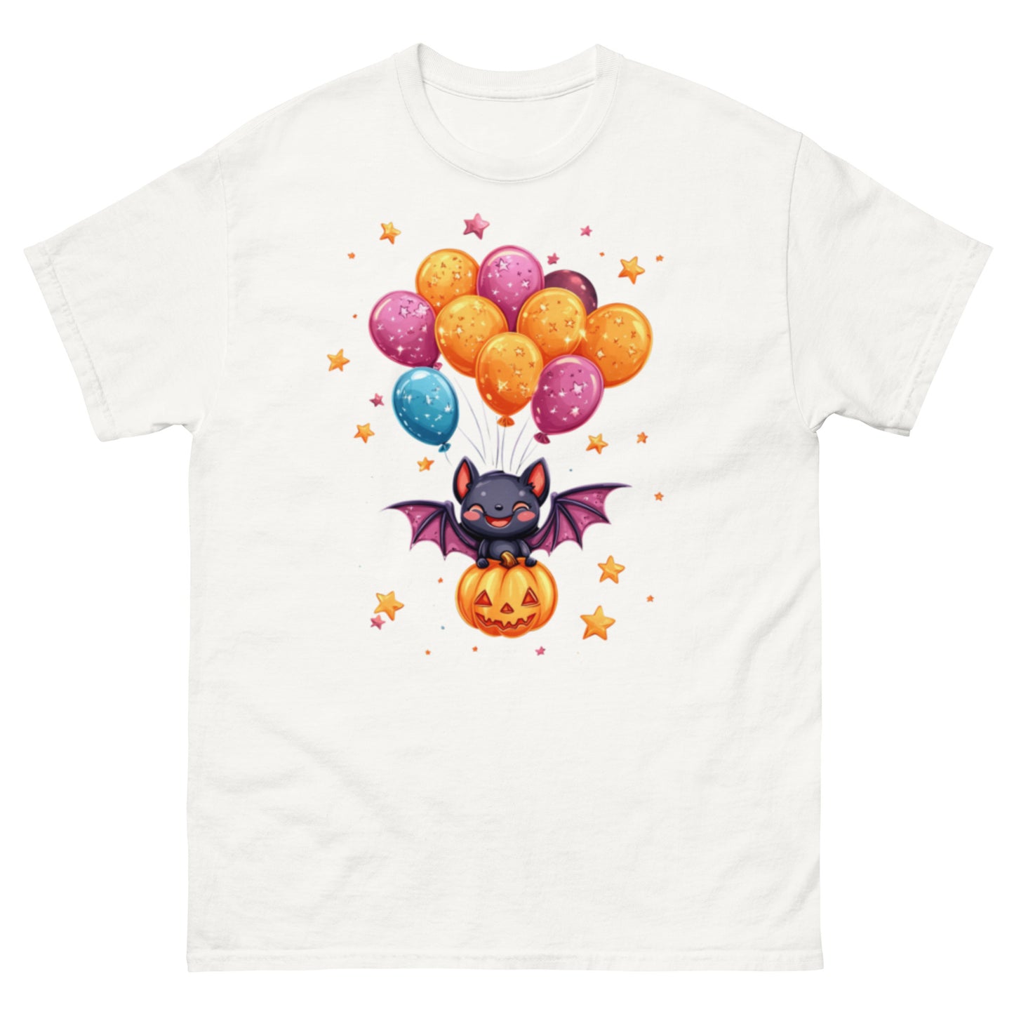 Cute Bat with Pumpkin and Balloons T-Shirt - Funny Halloween T-Shirt, Witty Shirt, Halloween Tee