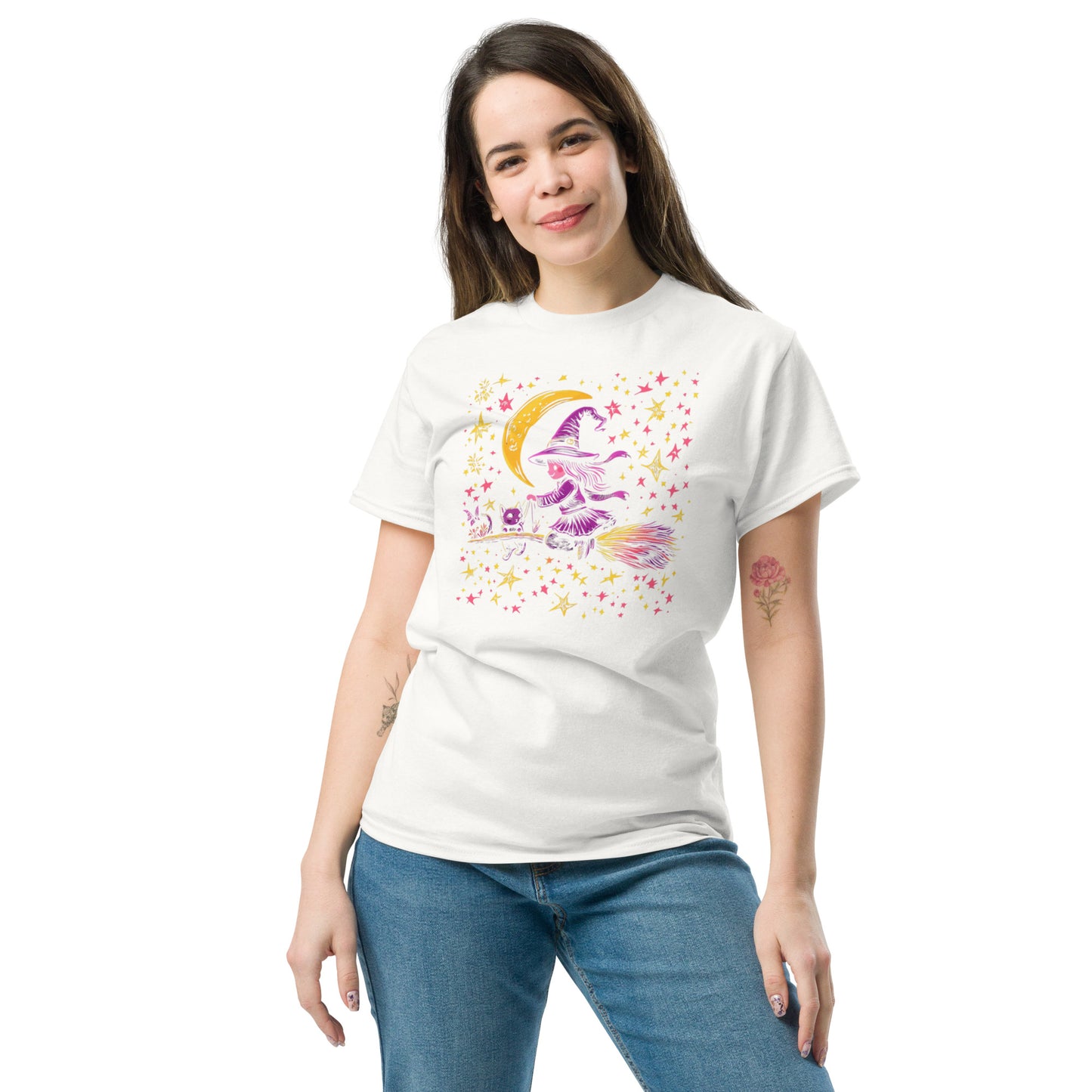 Witchy Cat Night Ride, Cute Witch and Cat on Broomstick T-Shirt - Halloween T Shirt, Halloween Tee