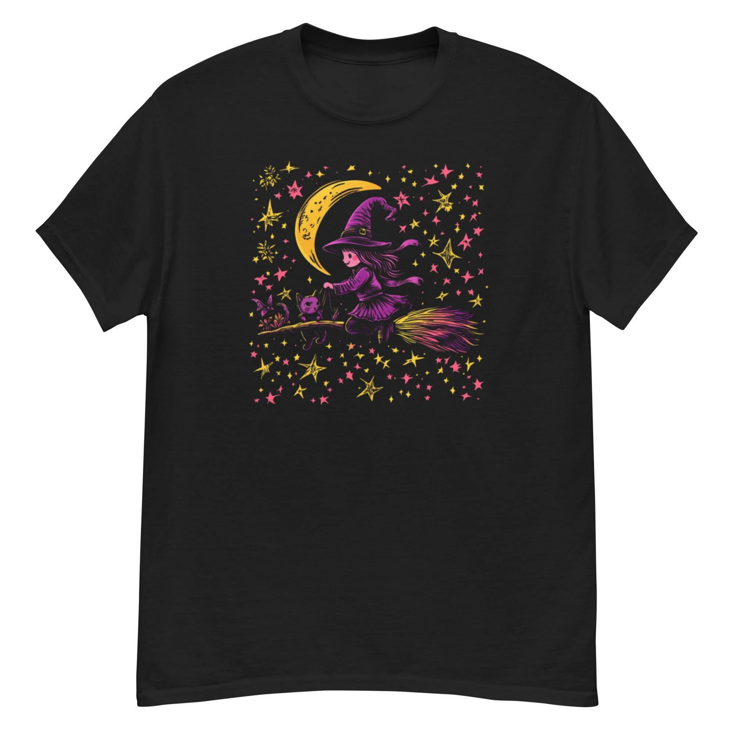 Witchy Cat Night Ride, Cute Witch and Cat on Broomstick T-Shirt - Halloween T Shirt, Halloween Tee