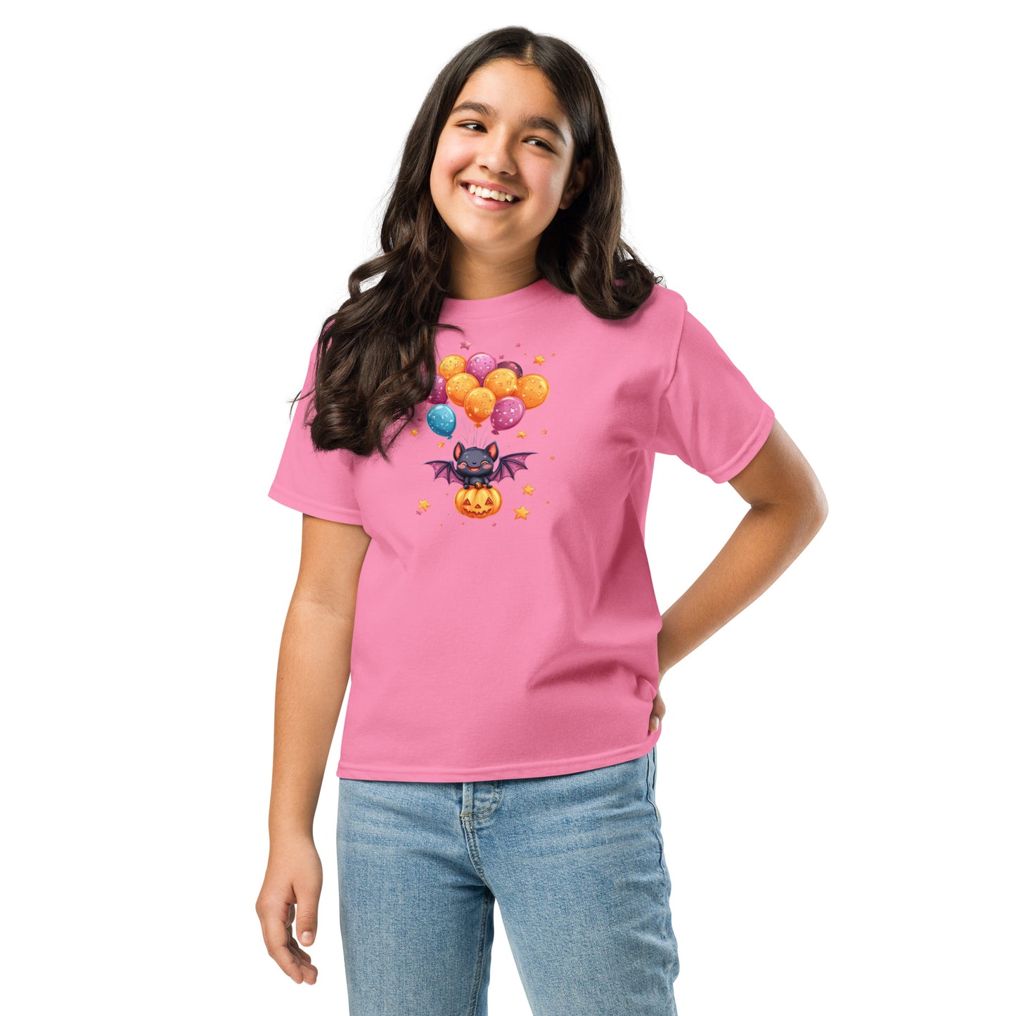 Cute Bat with Pumpkin and Balloons T-Shirt - Kids Funny Halloween T-Shirt, Witty Shirt, Halloween Tee, Youth Shirt