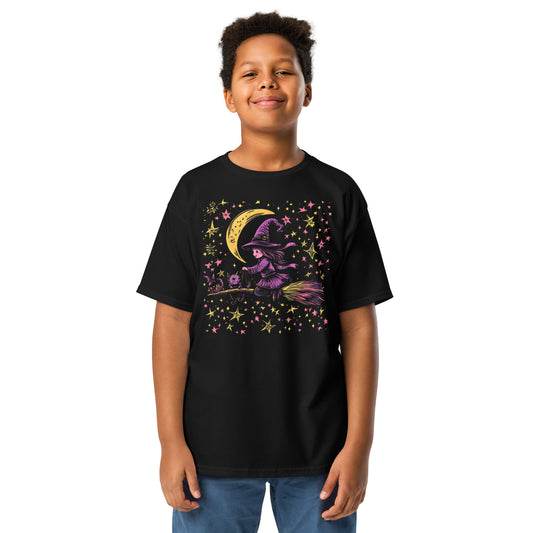 Witchy Cat Night Ride, Kids Cute Witch and Cat on Broomstick T-Shirt - Halloween T Shirt, Halloween Tee, Youth Shirt