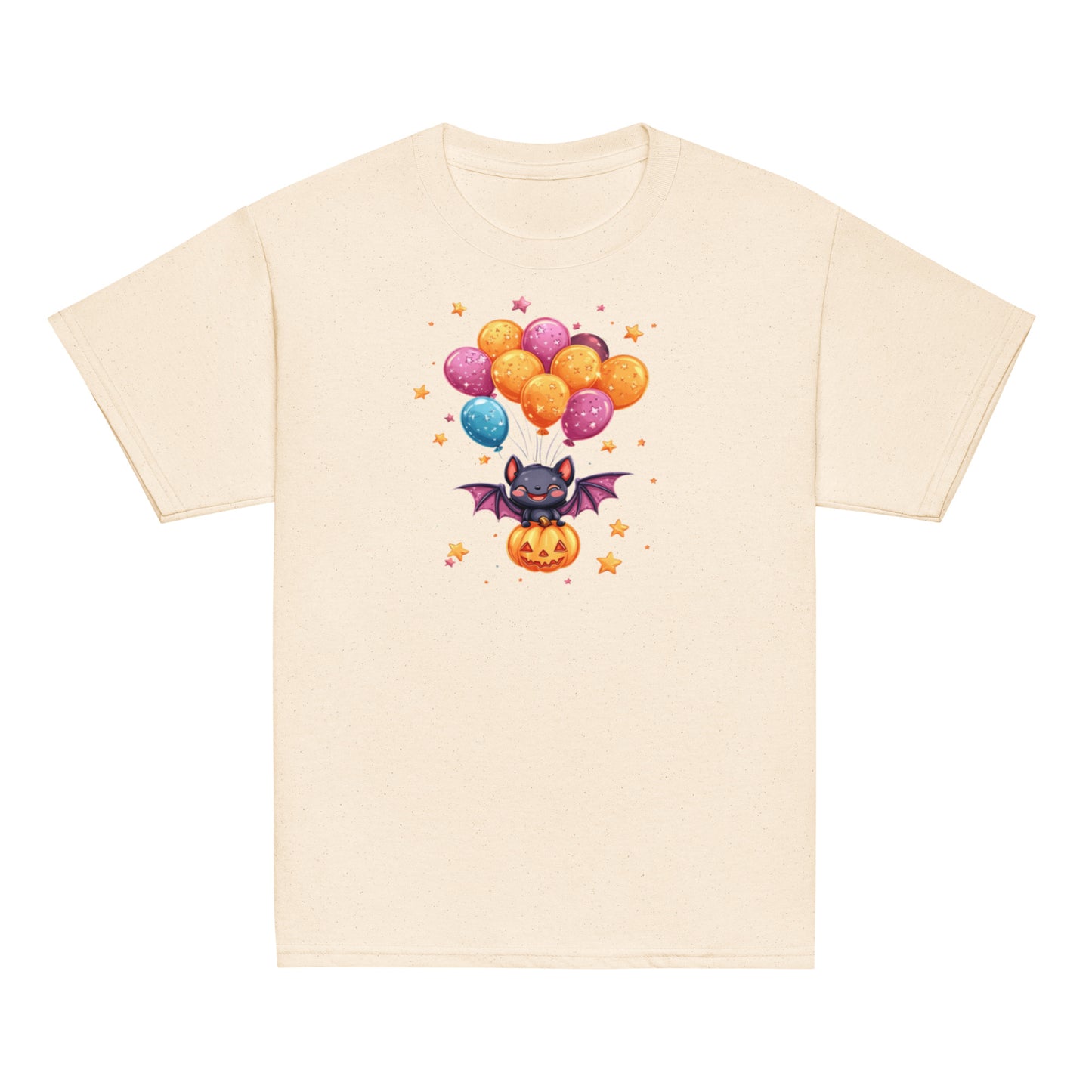 Cute Bat with Pumpkin and Balloons T-Shirt - Kids Funny Halloween T-Shirt, Witty Shirt, Halloween Tee, Youth Shirt